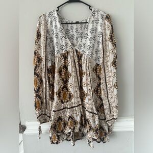 Free People Geometric Print Blouse in White and Brown